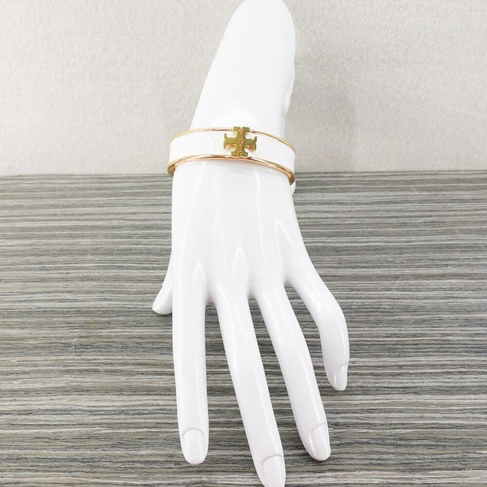 Tory Burch Enameled Kira Logo Hinged Bracelet Gold/ Ivory OS - Picture 4 of 10
